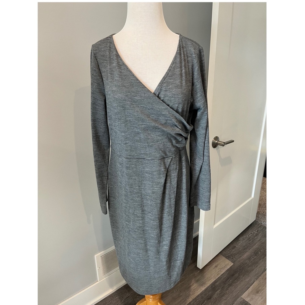 Talbots Womens Grey Heathered Faux Wrap Pleated Sheath Dress Long Sleeve L